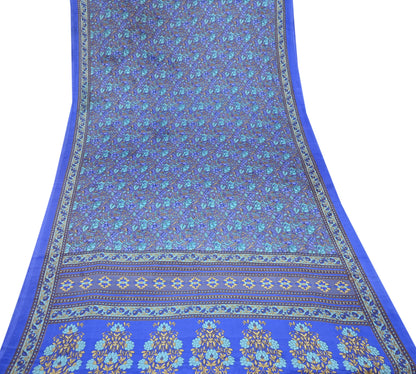 Indian Vintage Blue & Gray Artificial Silk Saree Printed Sari 5 Yards Soft Craft Fabric for Sewing, Dressmaking, Quilting,Upcycling