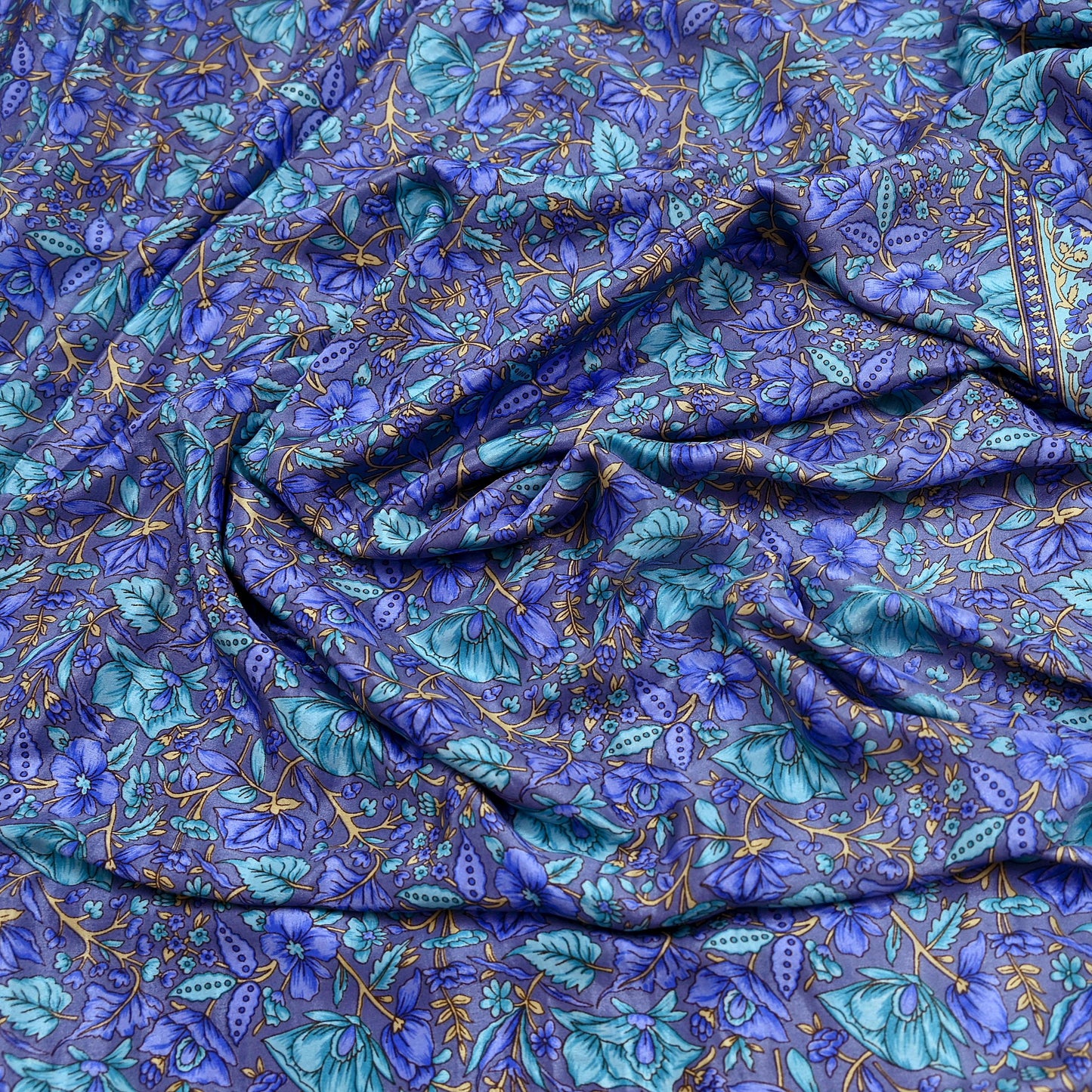 Indian Vintage Blue & Gray Artificial Silk Saree Printed Sari 5 Yards Soft Craft Fabric for Sewing, Dressmaking, Quilting,Upcycling