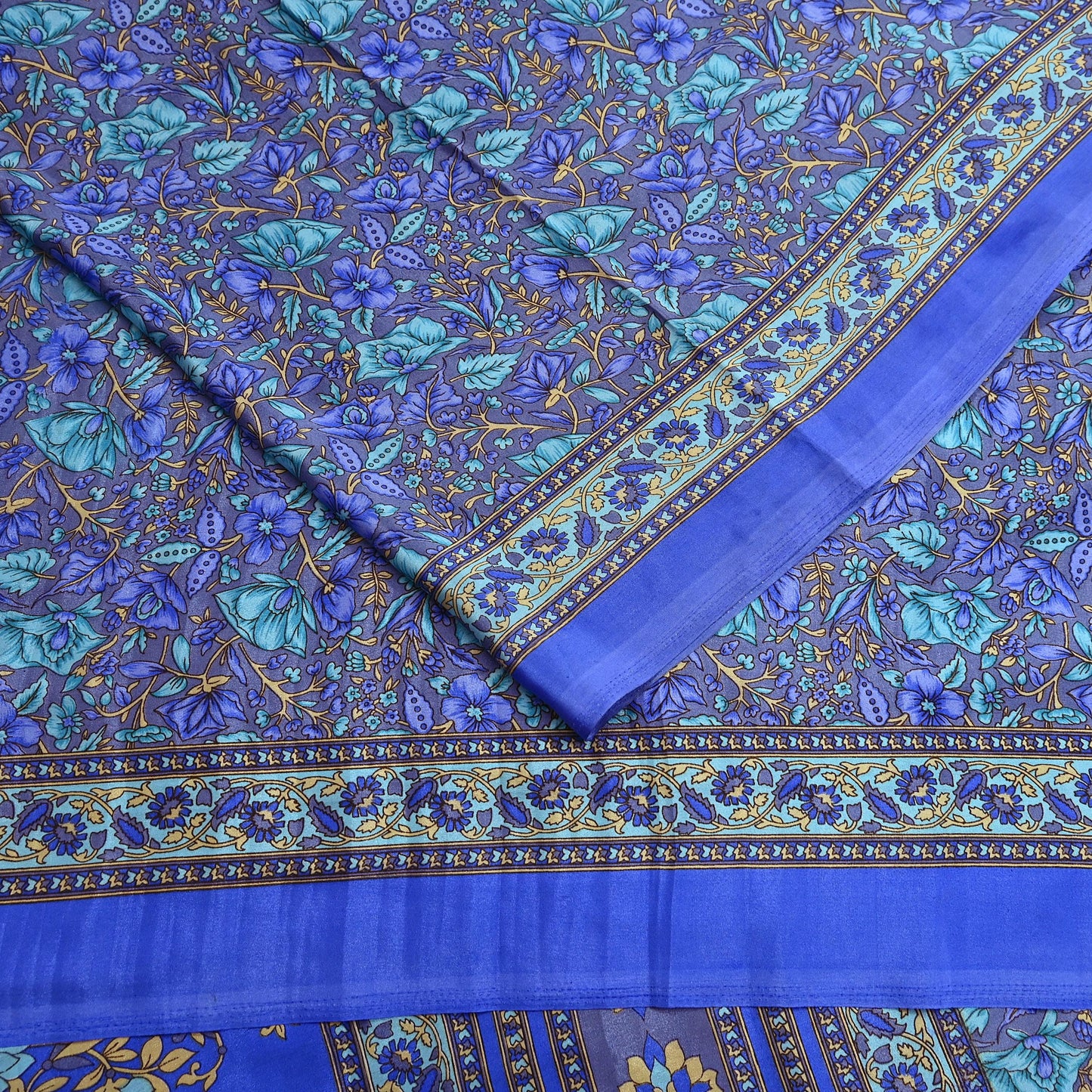 Indian Vintage Blue & Gray Artificial Silk Saree Printed Sari 5 Yards Soft Craft Fabric for Sewing, Dressmaking, Quilting,Upcycling