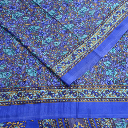Indian Vintage Blue & Gray Artificial Silk Saree Printed Sari 5 Yards Soft Craft Fabric for Sewing, Dressmaking, Quilting,Upcycling