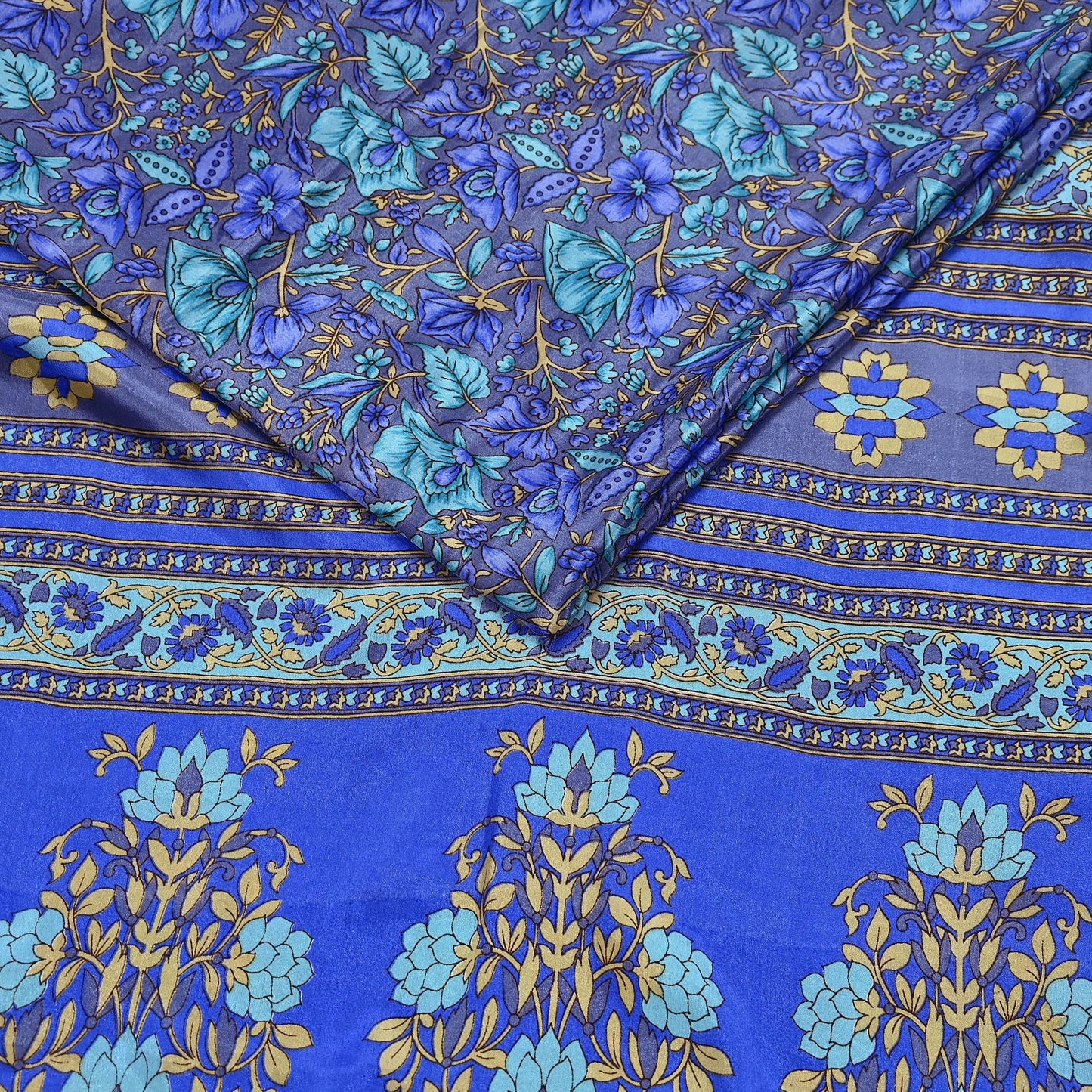 Indian Vintage Blue & Gray Artificial Silk Saree Printed Sari 5 Yards Soft Craft Fabric for Sewing, Dressmaking, Quilting,Upcycling