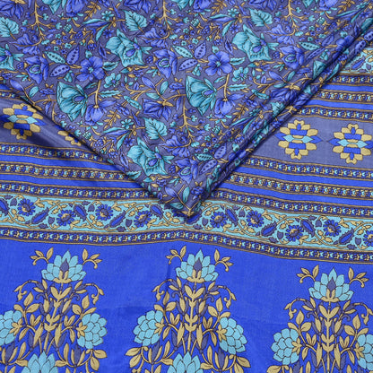 Indian Vintage Blue & Gray Artificial Silk Saree Printed Sari 5 Yards Soft Craft Fabric for Sewing, Dressmaking, Quilting,Upcycling