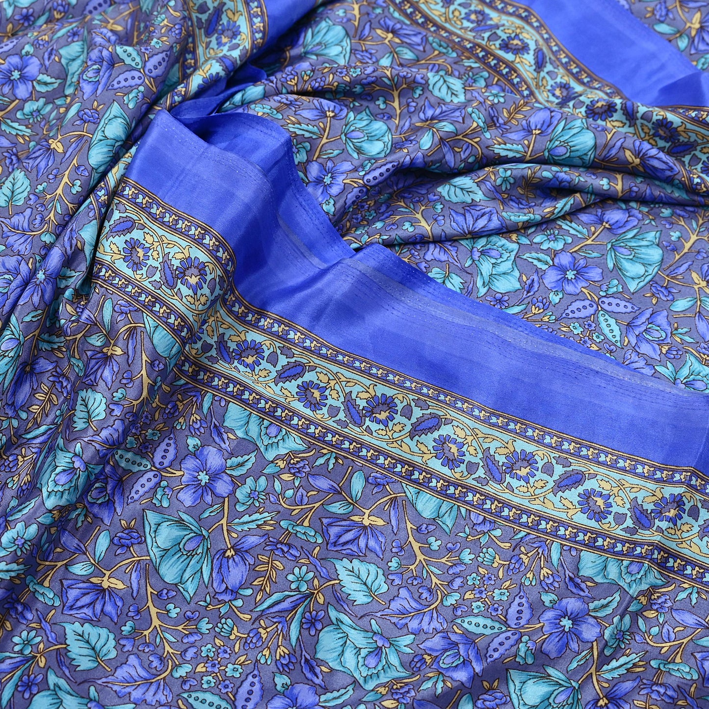 Indian Vintage Blue & Gray Artificial Silk Saree Printed Sari 5 Yards Soft Craft Fabric for Sewing, Dressmaking, Quilting,Upcycling