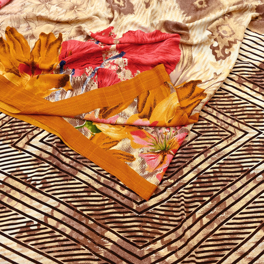 Indian Vintage Saree Brown & Ivory Moss Crepe Printed Sari Fabric 6yd Sewing Floral Soft Craft Fabric Dressmaking Quilting For Crafting