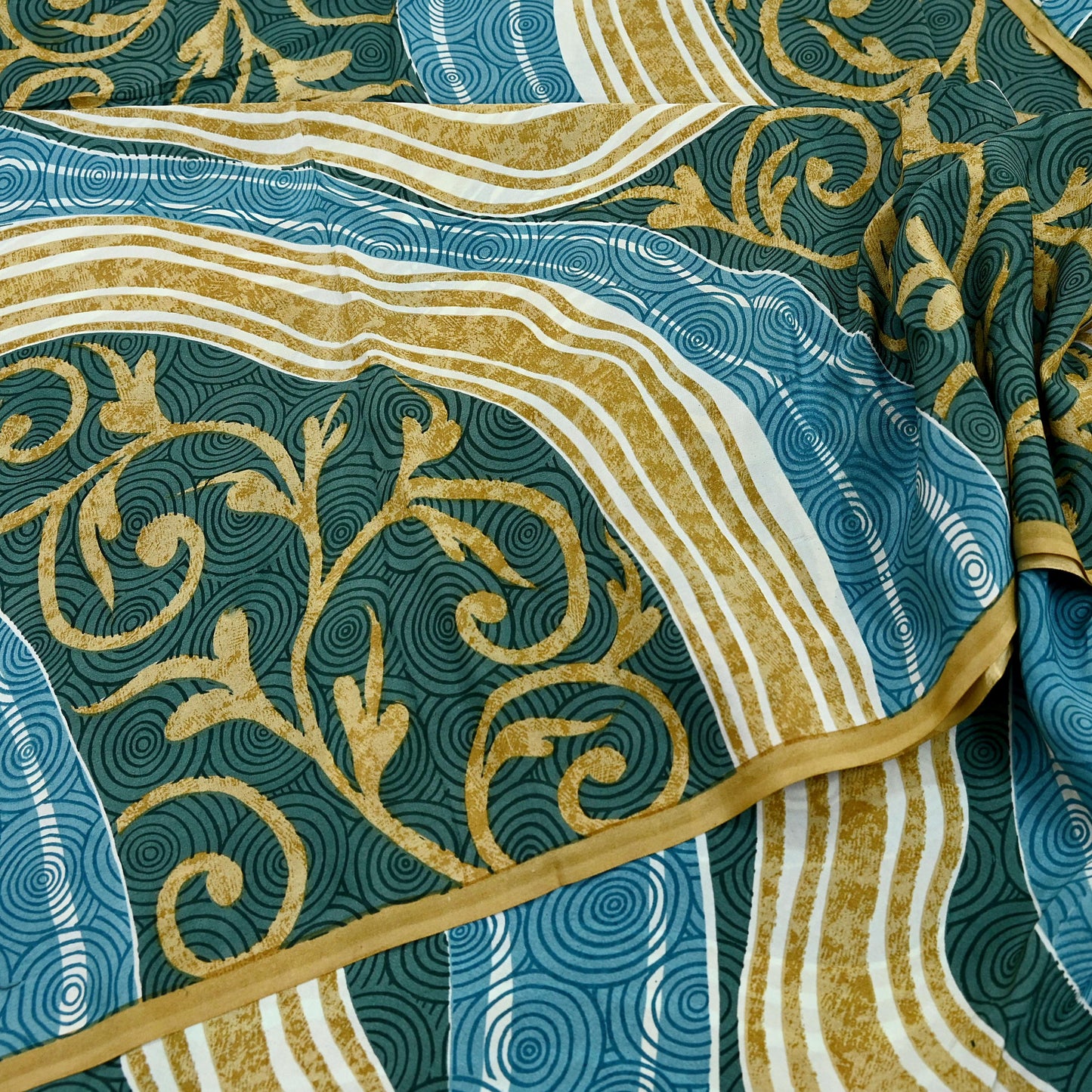 Indian Vintage Sari Blue & Green Pure Crepe Silk Printed Sarees 5yd Sewing Stripes Soft Craft Fabric Wrap Dress Making Quilting Crafting