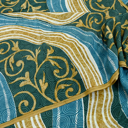 Indian Vintage Sari Blue & Green Pure Crepe Silk Printed Sarees 5yd Sewing Stripes Soft Craft Fabric Wrap Dress Making Quilting Crafting
