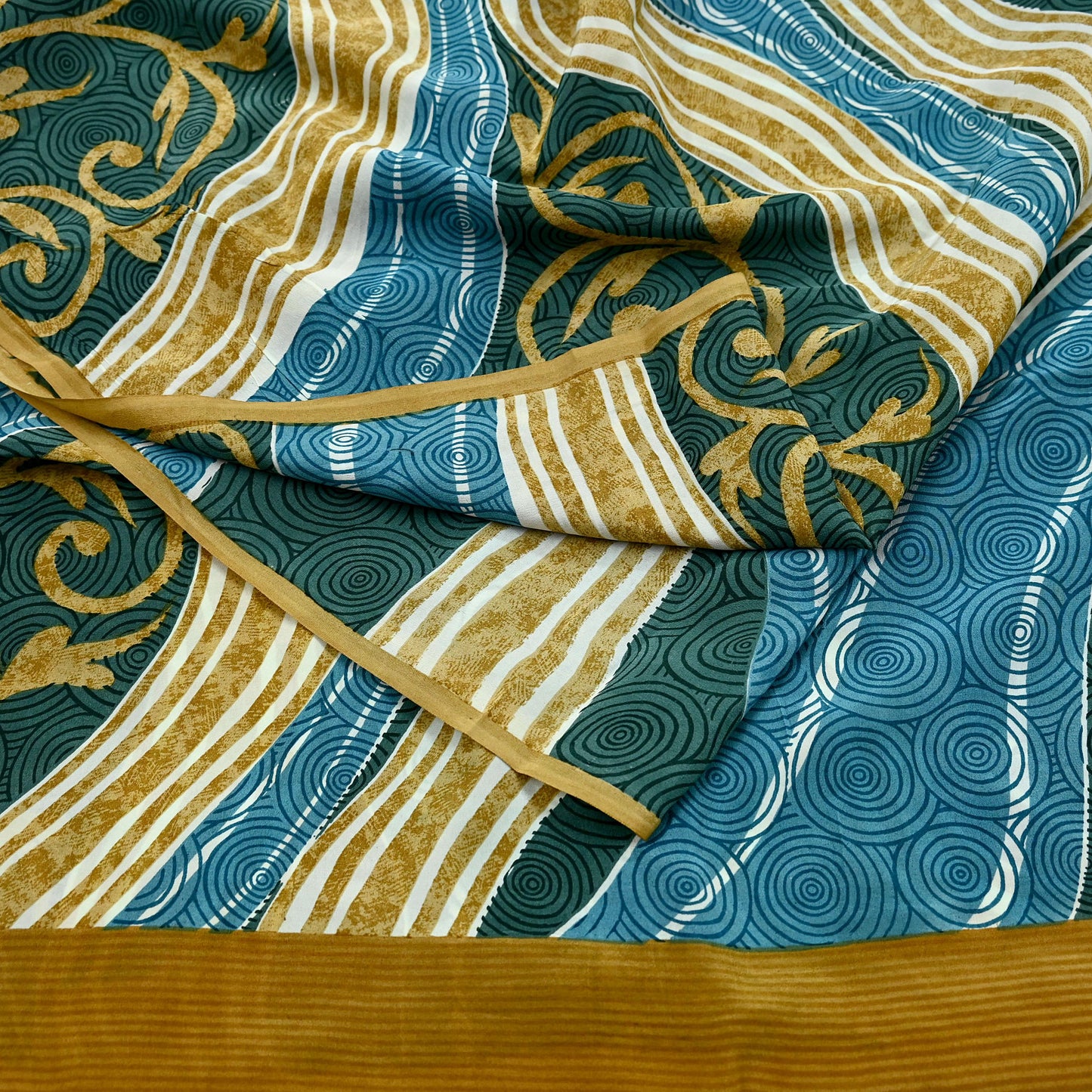 Indian Vintage Sari Blue & Green Pure Crepe Silk Printed Sarees 5yd Sewing Stripes Soft Craft Fabric Wrap Dress Making Quilting Crafting