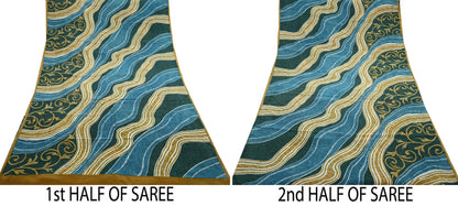 Indian Vintage Sari Blue & Green Pure Crepe Silk Printed Sarees 5yd Sewing Stripes Soft Craft Fabric Wrap Dress Making Quilting Crafting
