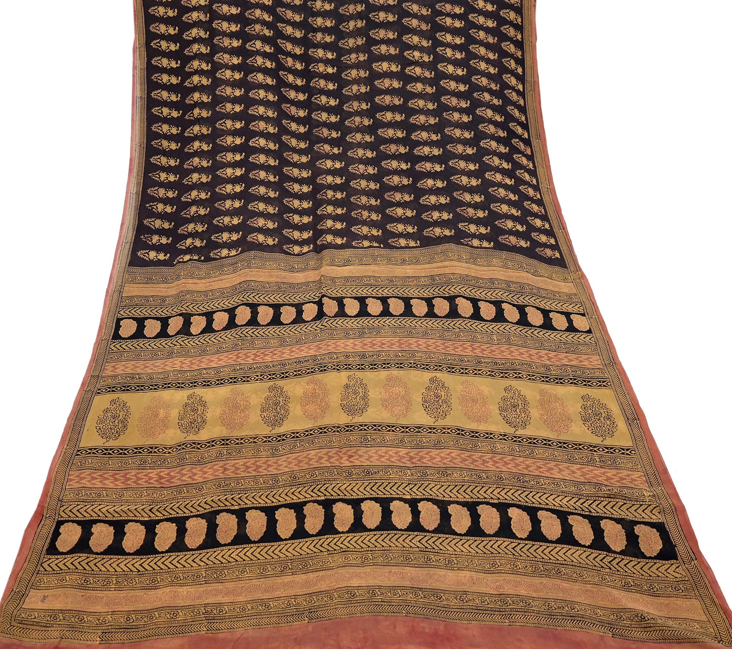 Women Vintage Sari Brown & Mustard 100% Pure Georgette Silk Block Printed Saree Craft Fabric Sewing 6Yard Soft Sari Dress Making