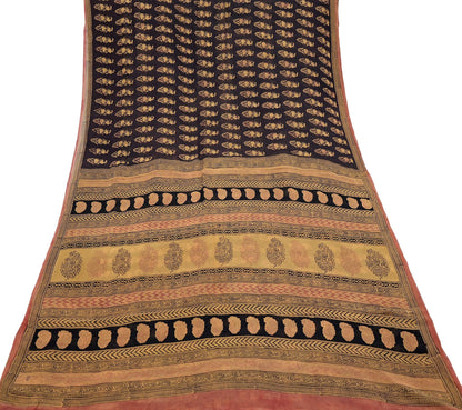 Women Vintage Sari Brown & Mustard 100% Pure Georgette Silk Block Printed Saree Craft Fabric Sewing 6Yard Soft Sari Dress Making