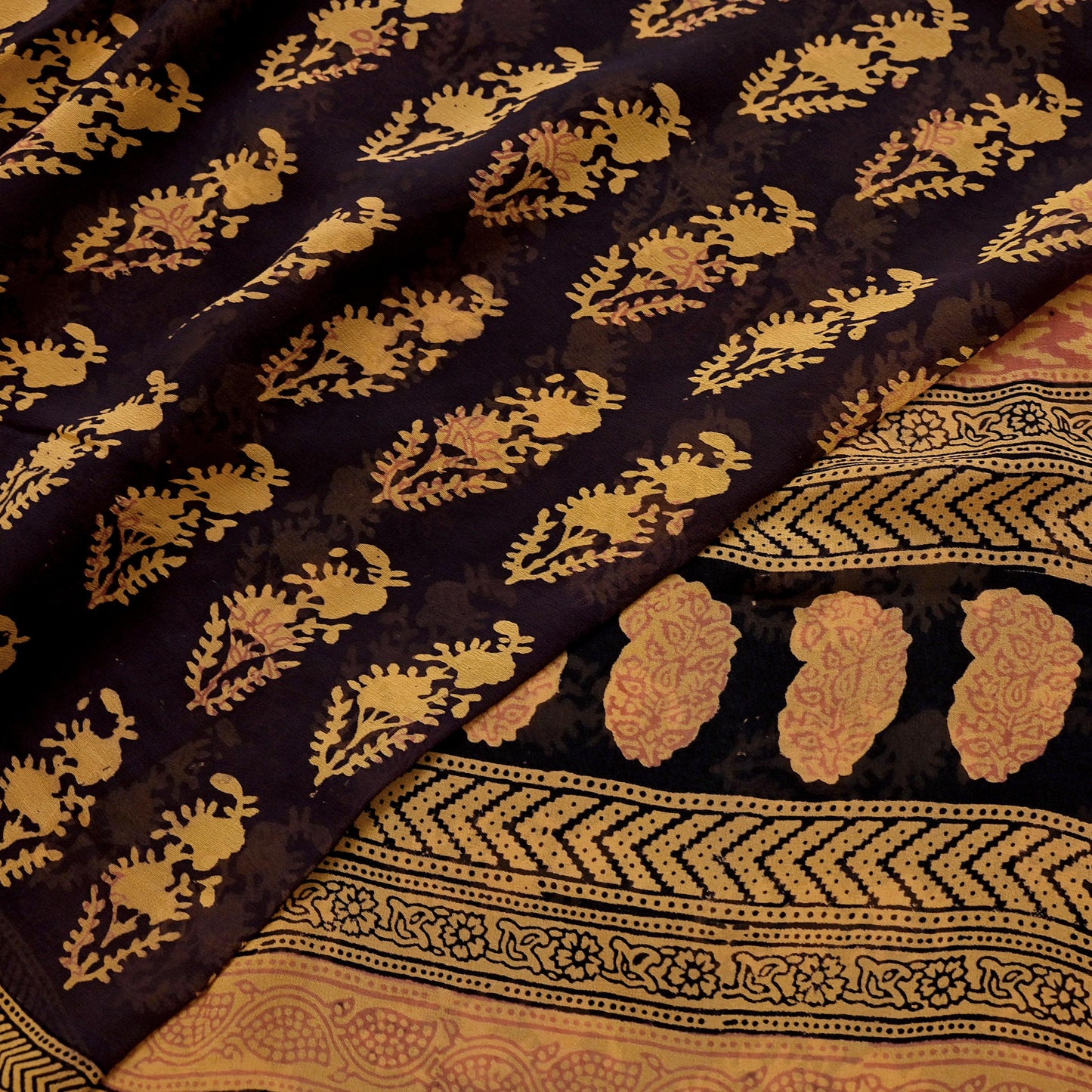 Women Vintage Sari Brown & Mustard 100% Pure Georgette Silk Block Printed Saree Craft Fabric Sewing 6Yard Soft Sari Dress Making