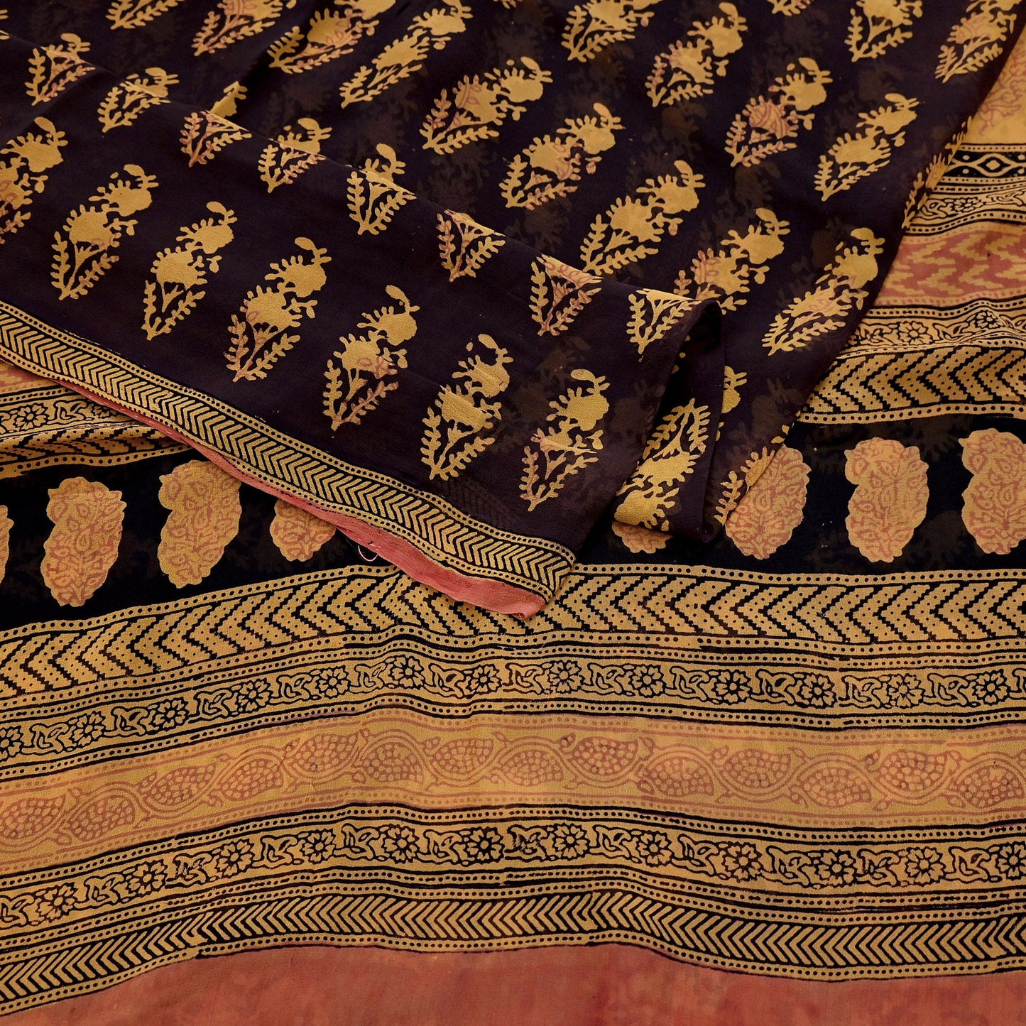 Women Vintage Sari Brown & Mustard 100% Pure Georgette Silk Block Printed Saree Craft Fabric Sewing 6Yard Soft Sari Dress Making