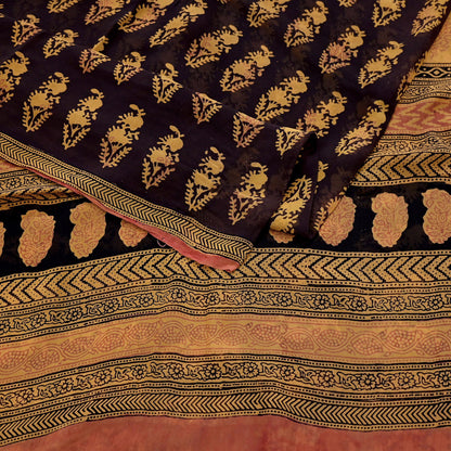 Women Vintage Sari Brown & Mustard 100% Pure Georgette Silk Block Printed Saree Craft Fabric Sewing 6Yard Soft Sari Dress Making