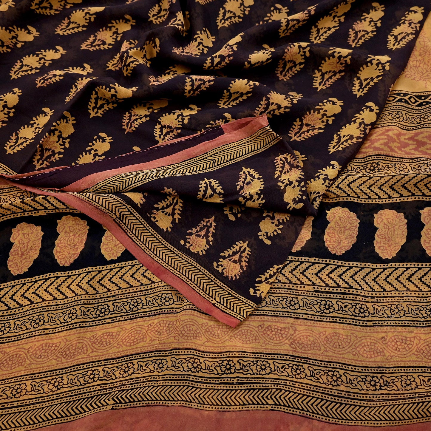 Women Vintage Sari Brown & Mustard 100% Pure Georgette Silk Block Printed Saree Craft Fabric Sewing 6Yard Soft Sari Dress Making