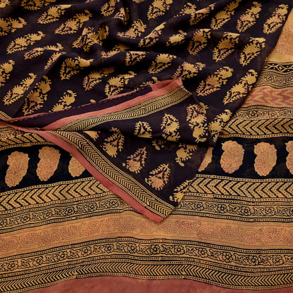 Women Vintage Sari Brown & Mustard 100% Pure Georgette Silk Block Printed Saree Craft Fabric Sewing 6Yard Soft Sari Dress Making