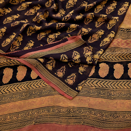 Women Vintage Sari Brown & Mustard 100% Pure Georgette Silk Block Printed Saree Craft Fabric Sewing 6Yard Soft Sari Dress Making