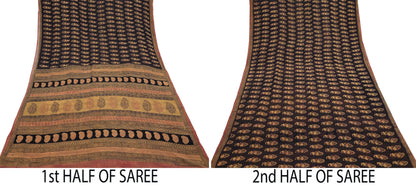 Women Vintage Sari Brown & Mustard 100% Pure Georgette Silk Block Printed Saree Craft Fabric Sewing 6Yard Soft Sari Dress Making