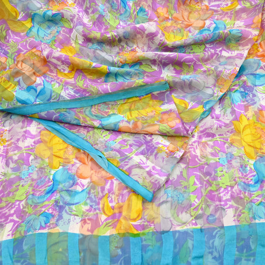 Indian Vintage Saree Purple 100% Pure Georgette Silk Printed Sari Sewing 5yd Craft Fabric Soft Floral Dress Designing for Crafting