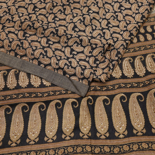 Indian Vintage Black & Beige Saree Pure Woolen Woven Printed Sari Warm Craft Fabric 5Yd Woven Border Dress making Crafting Dress Designing