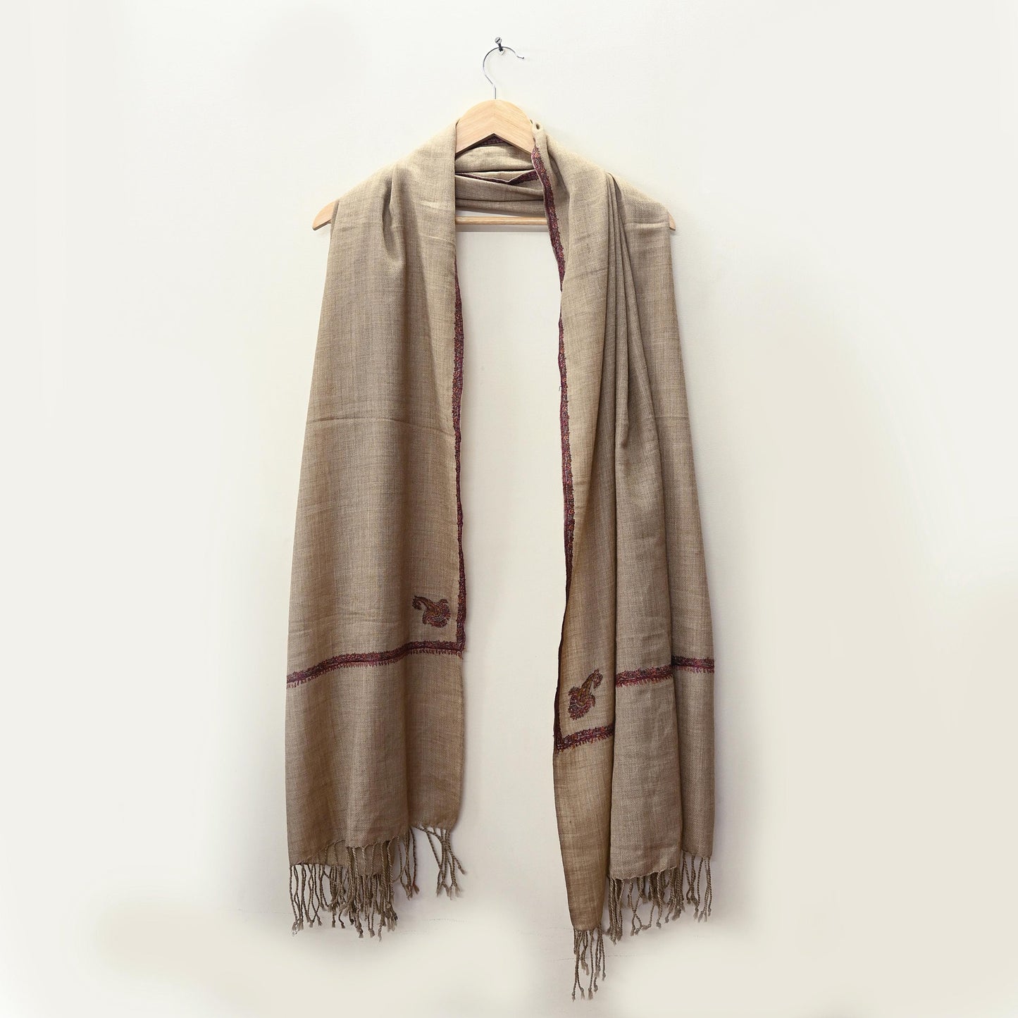 Indian Vintage Brown Pure Woolen Shawl Handmade Suzani Long Throw Stole Warm Stole Floral Design