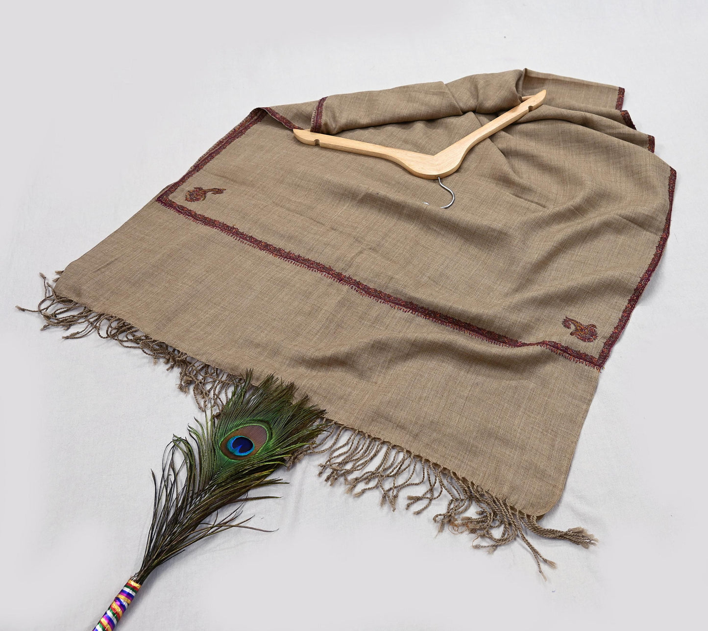 Indian Vintage Brown Pure Woolen Shawl Handmade Suzani Long Throw Stole Warm Stole Floral Design