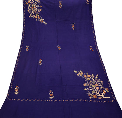 Indian Vintage Blue Woolen Shawl Handmade Ari work Long Throw Stole Warm Stole Floral Design Upcycle Crafting Used