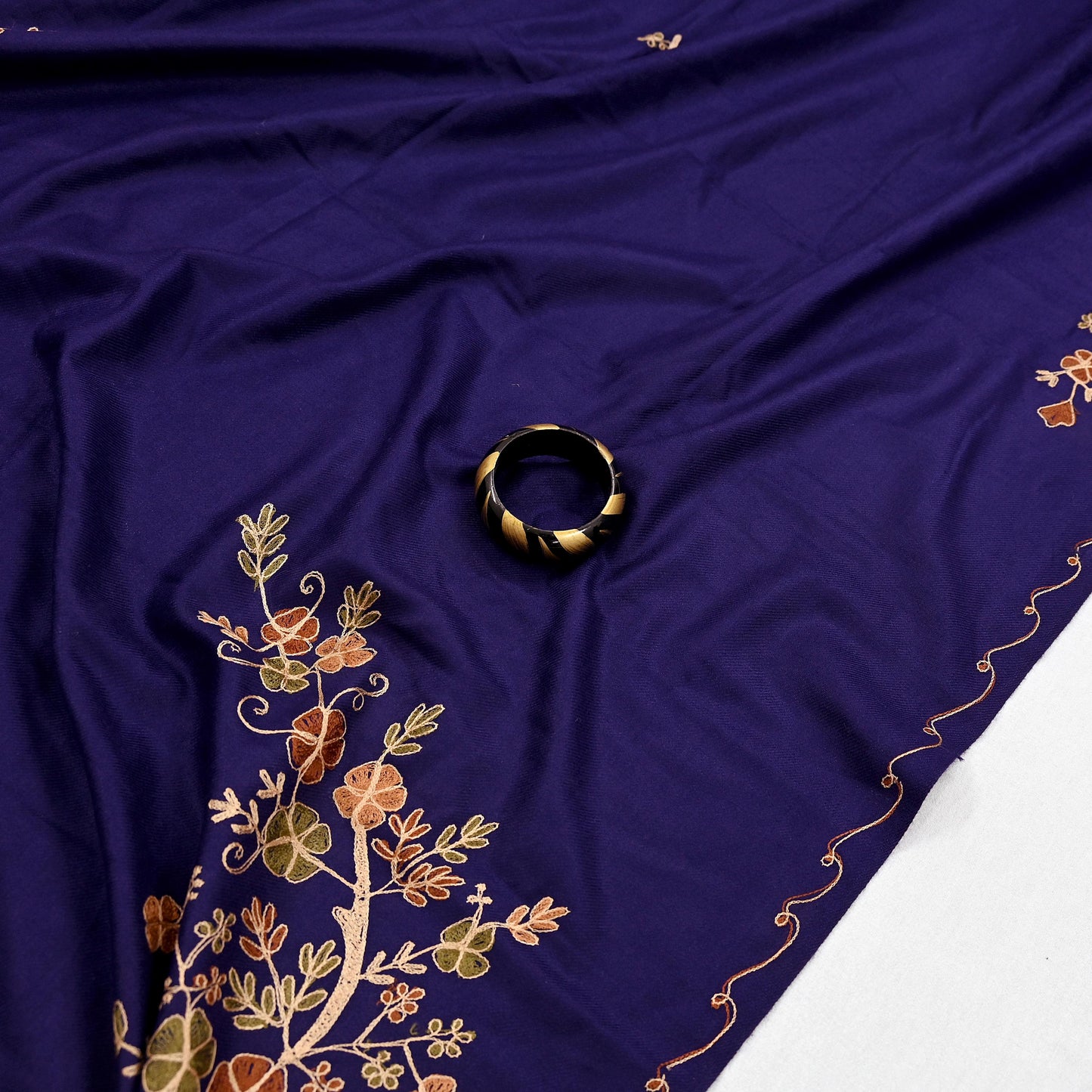 Indian Vintage Blue Woolen Shawl Handmade Ari work Long Throw Stole Warm Stole Floral Design Upcycle Crafting Used