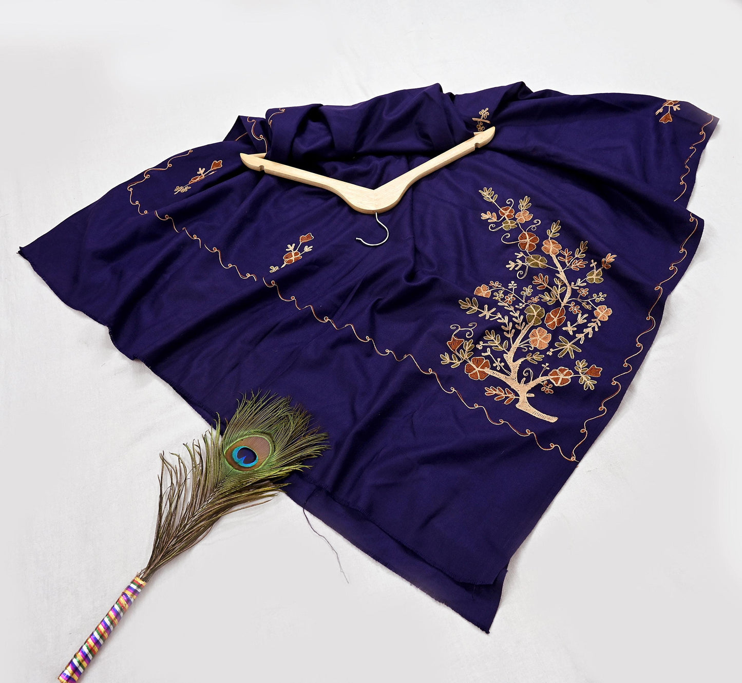 Indian Vintage Blue Woolen Shawl Handmade Ari work Long Throw Stole Warm Stole Floral Design Upcycle Crafting Used