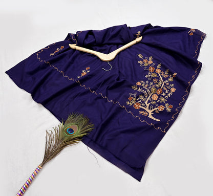 Indian Vintage Blue Woolen Shawl Handmade Ari work Long Throw Stole Warm Stole Floral Design Upcycle Crafting Used