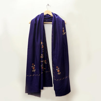 Indian Vintage Blue Woolen Shawl Handmade Ari work Long Throw Stole Warm Stole Floral Design Upcycle Crafting Used
