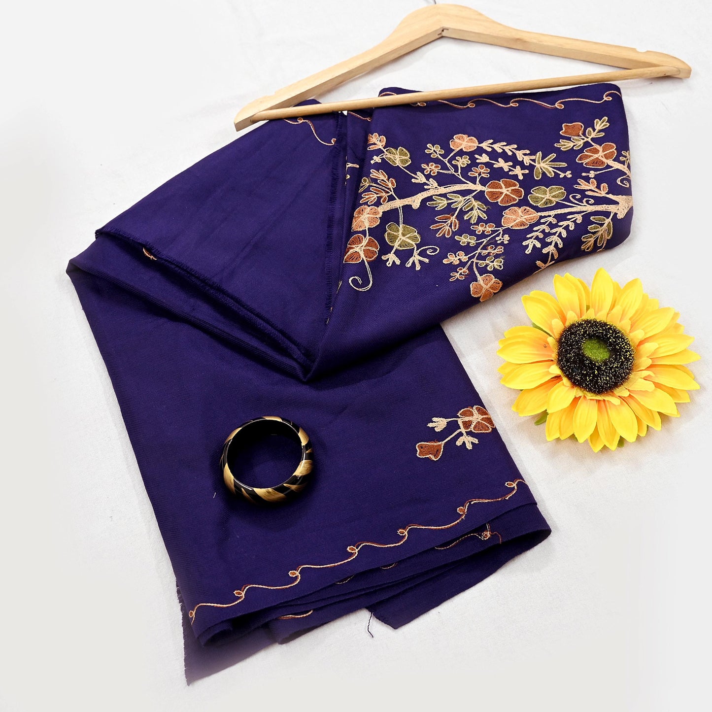 Indian Vintage Blue Woolen Shawl Handmade Ari work Long Throw Stole Warm Stole Floral Design Upcycle Crafting Used