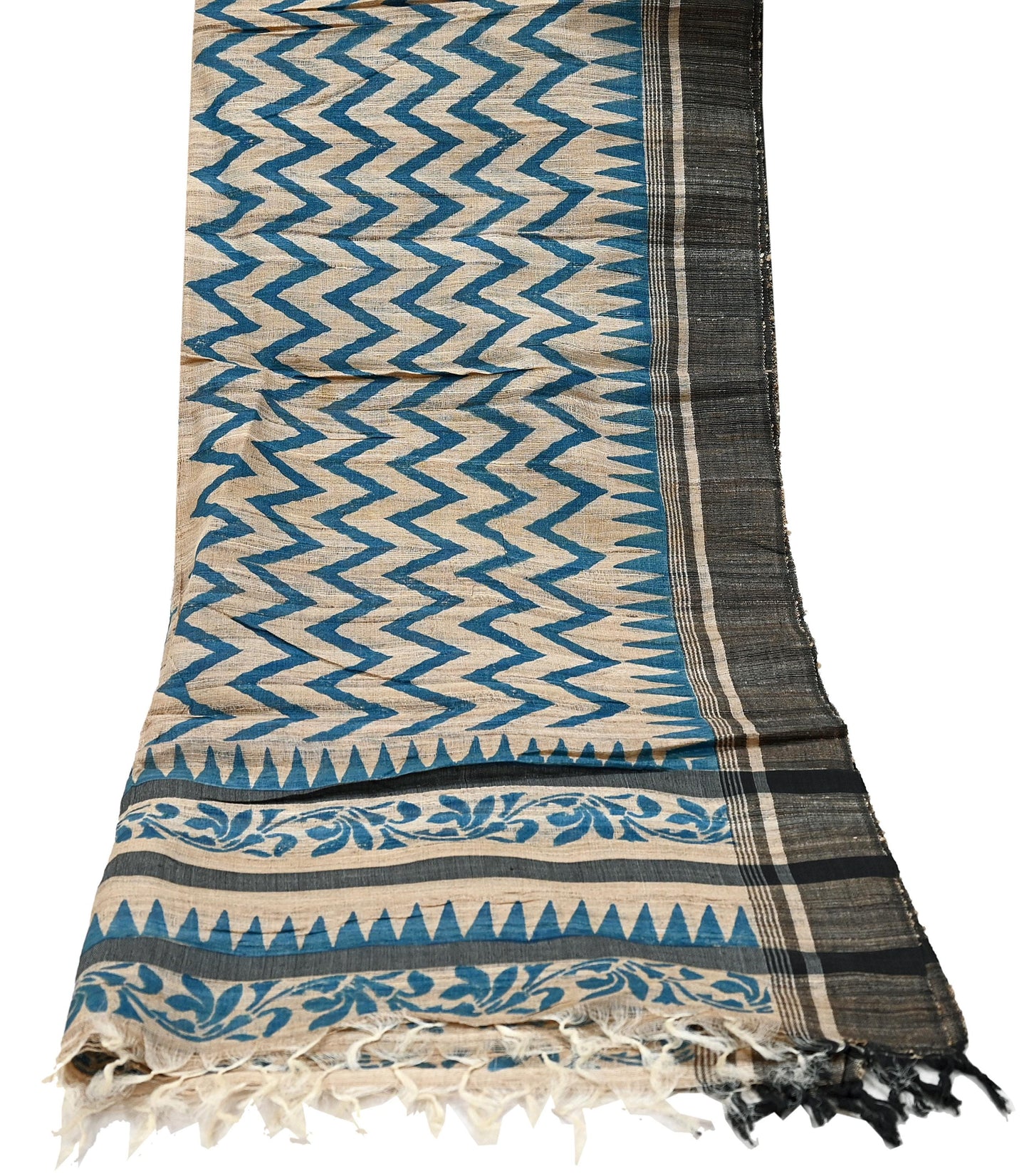 Indian Vintage Beige Dupatta Long Stole 100% Pure Khadi Silk Hand Woven/ Printed Scarves Veil Scarf Wrap Hippie Fringes