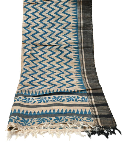 Indian Vintage Beige Dupatta Long Stole 100% Pure Khadi Silk Hand Woven/ Printed Scarves Veil Scarf Wrap Hippie Fringes