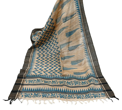 Indian Vintage Beige Dupatta Long Stole 100% Pure Khadi Silk Hand Woven/ Printed Scarves Veil Scarf Wrap Hippie Fringes