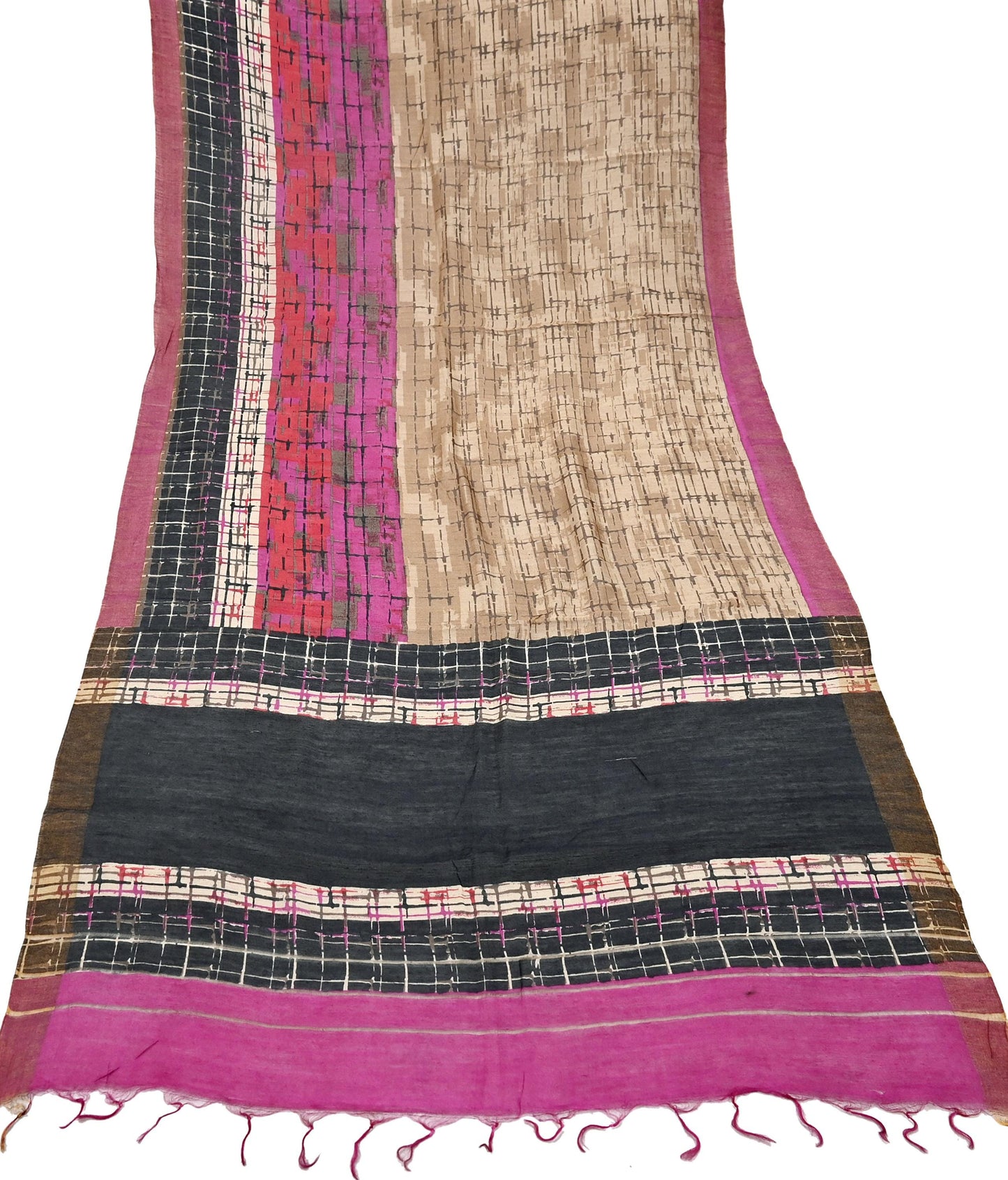 Indian Vintage Purple & beige Dupatta Long Stole 100% Pure Khadi Silk Hand Woven/ Printed Scarves Veil Scarf Wrap Hippie Fringes Zari Border