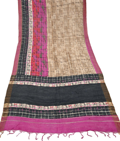 Indian Vintage Purple & beige Dupatta Long Stole 100% Pure Khadi Silk Hand Woven/ Printed Scarves Veil Scarf Wrap Hippie Fringes Zari Border