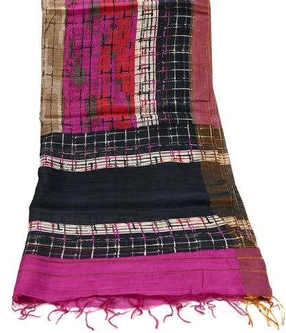 Indian Vintage Purple & beige Dupatta Long Stole 100% Pure Khadi Silk Hand Woven/ Printed Scarves Veil Scarf Wrap Hippie Fringes Zari Border