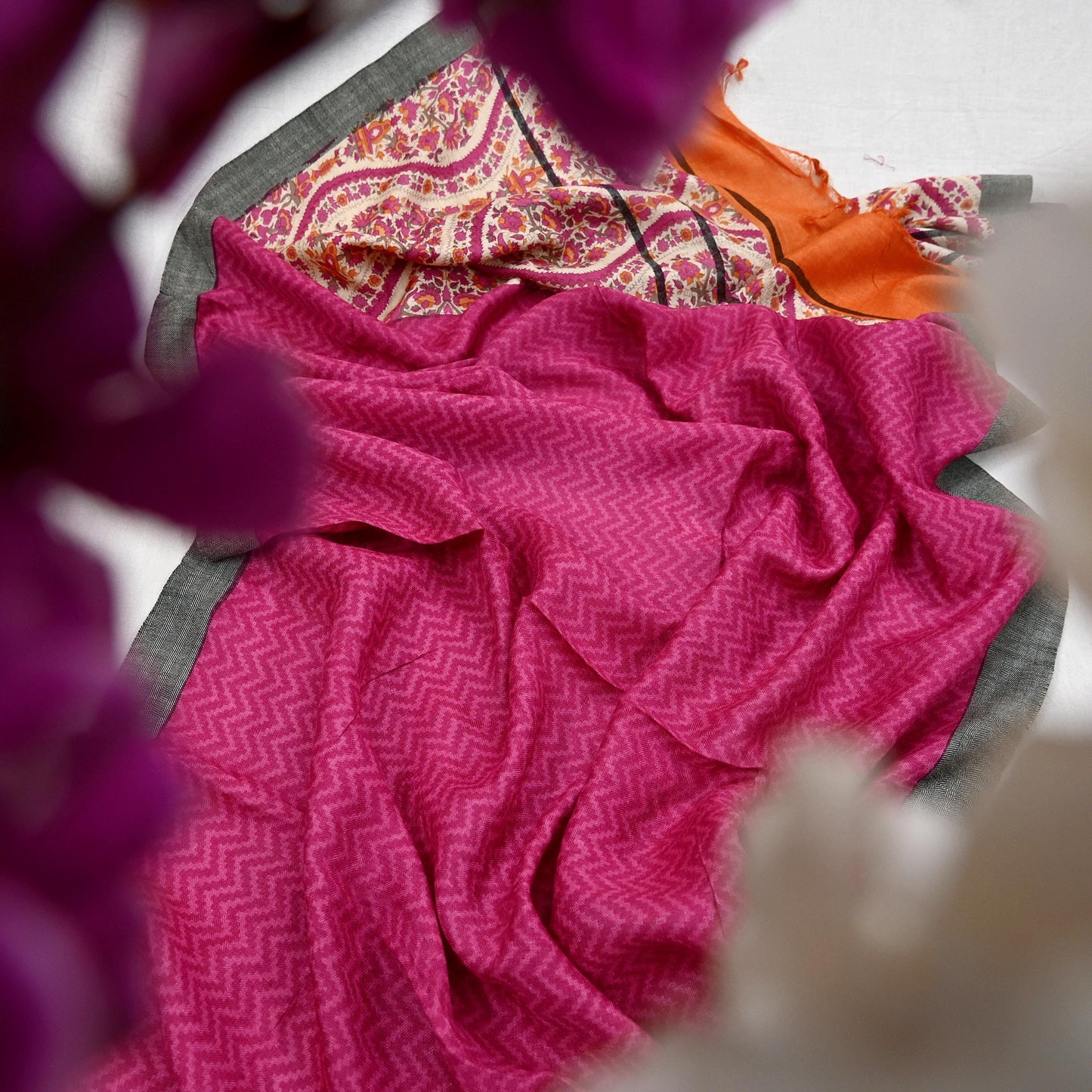 Vintage Pink & Ivory Long Stole Pure Woolen Scarf Printed Dupatta Infinity Scarves Sarong Wrap Veil Woman Hijab Shawl Craft Fabric Fringes