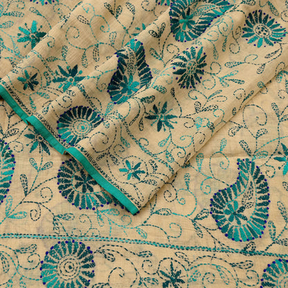 Indian Vintage Dupatta Beige Long Stole Chanderi Hand Embroidered Bagh Phulkari Stole Scarves Party wear Veil Hijab Wrap Scarf