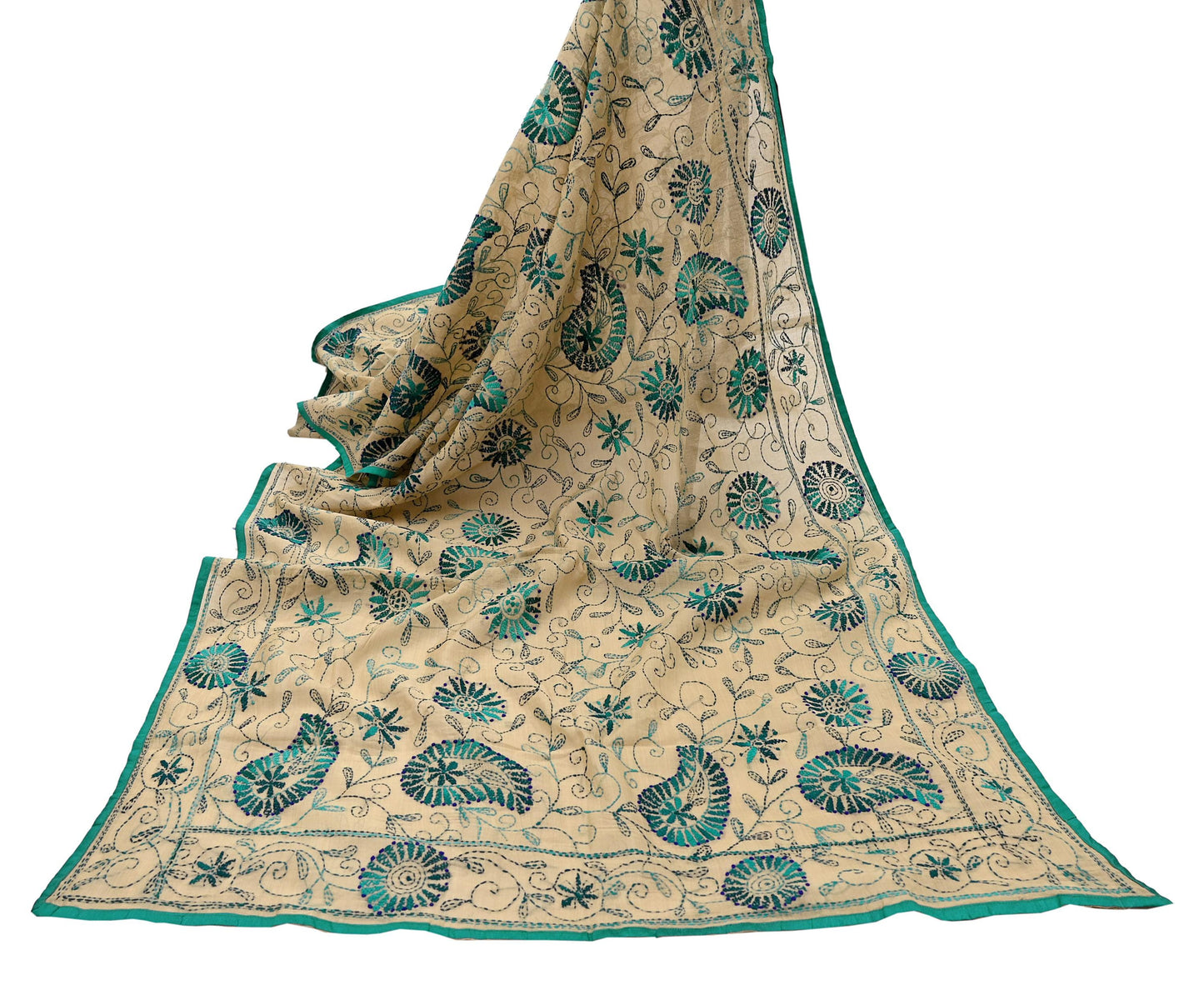 Indian Vintage Dupatta Beige Long Stole Chanderi Hand Embroidered Bagh Phulkari Stole Scarves Party wear Veil Hijab Wrap Scarf