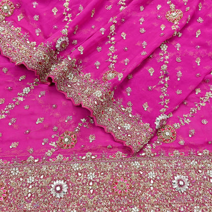 Indian Vintage Heavy Rani Pink Bridal Dupatta Pure Georgette Silk Hand Embroidered Zardozi, Dabka, Zari Work Party Wear Long Stole