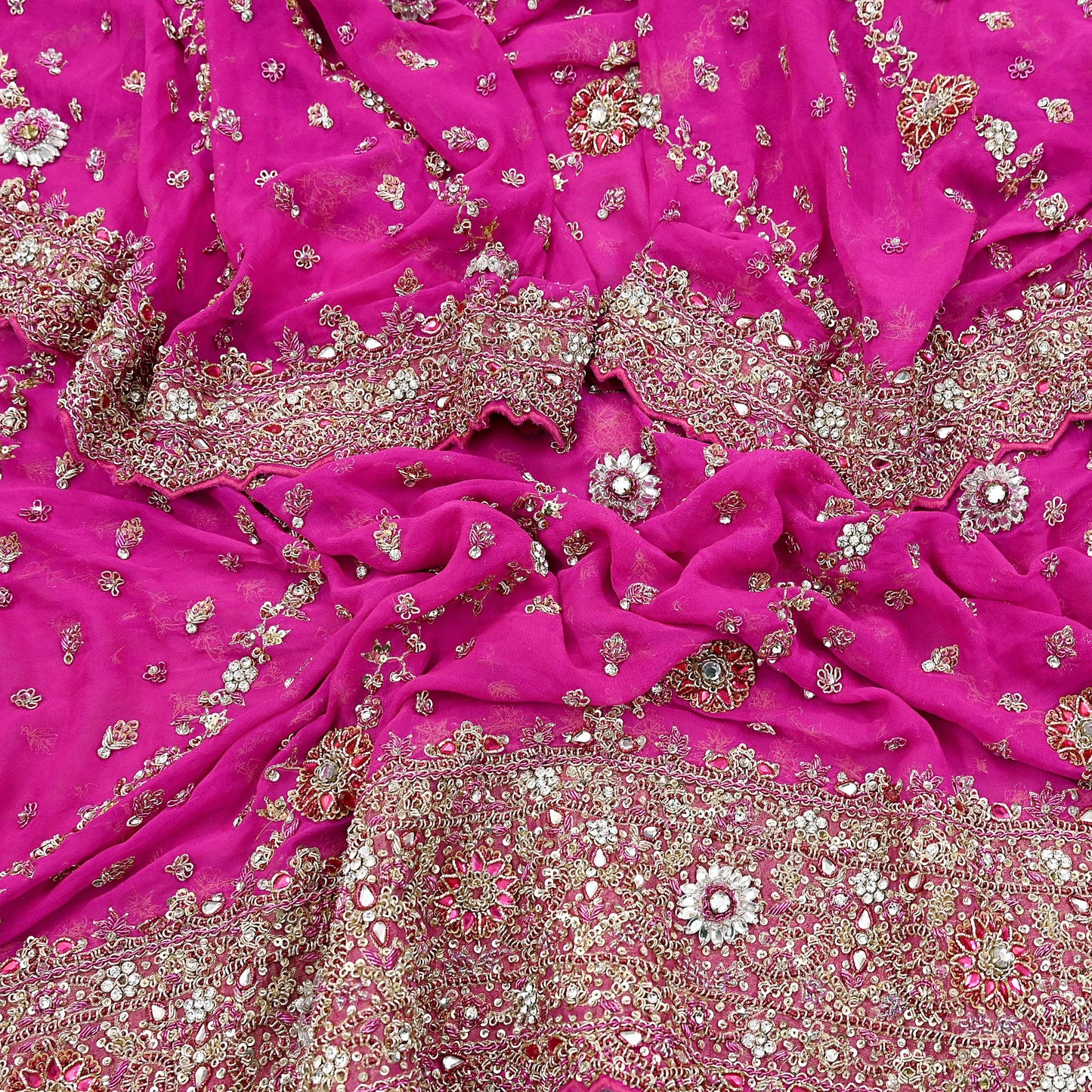 Indian Vintage Heavy Rani Pink Bridal Dupatta Pure Georgette Silk Hand Embroidered Zardozi, Dabka, Zari Work Party Wear Long Stole