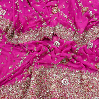 Indian Vintage Heavy Rani Pink Bridal Dupatta Pure Georgette Silk Hand Embroidered Zardozi, Dabka, Zari Work Party Wear Long Stole
