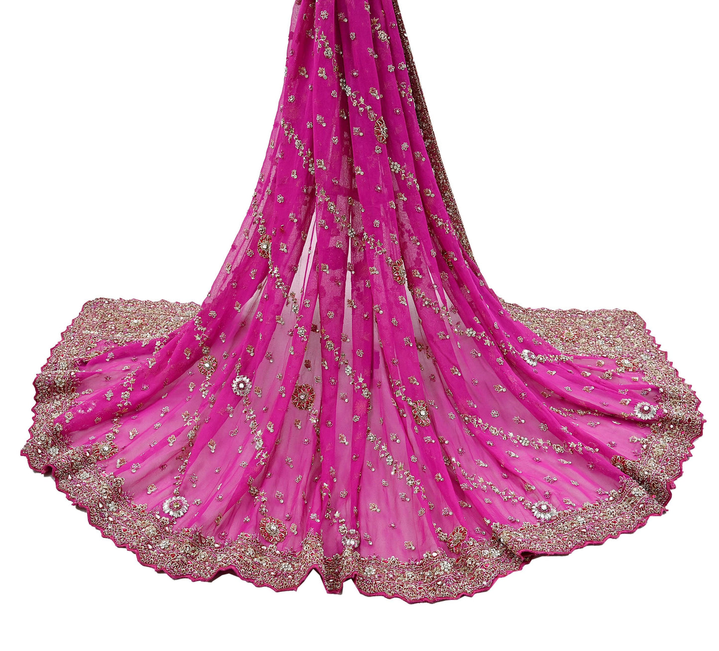 Indian Vintage Heavy Rani Pink Bridal Dupatta Pure Georgette Silk Hand Embroidered Zardozi, Dabka, Zari Work Party Wear Long Stole