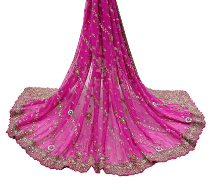 Indian Vintage Heavy Rani Pink Bridal Dupatta Pure Georgette Silk Hand Embroidered Zardozi, Dabka, Zari Work Party Wear Long Stole