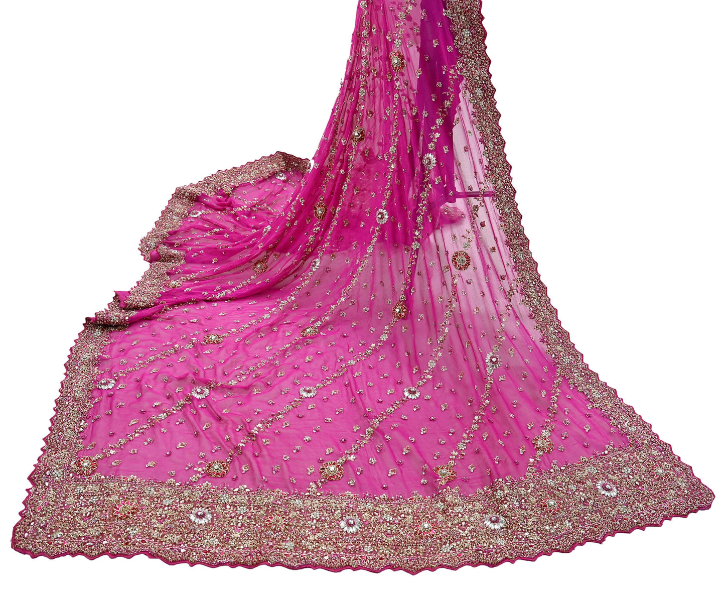Indian Vintage Heavy Rani Pink Bridal Dupatta Pure Georgette Silk Hand Embroidered Zardozi, Dabka, Zari Work Party Wear Long Stole