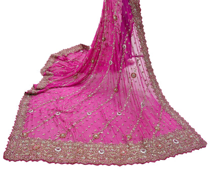 Indian Vintage Heavy Rani Pink Bridal Dupatta Pure Georgette Silk Hand Embroidered Zardozi, Dabka, Zari Work Party Wear Long Stole
