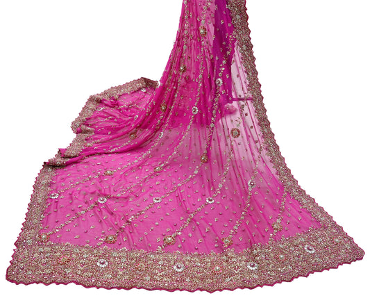 Indian Vintage Heavy Rani Pink Bridal Dupatta Pure Georgette Silk Hand Embroidered Zardozi, Dabka, Zari Work Party Wear Long Stole