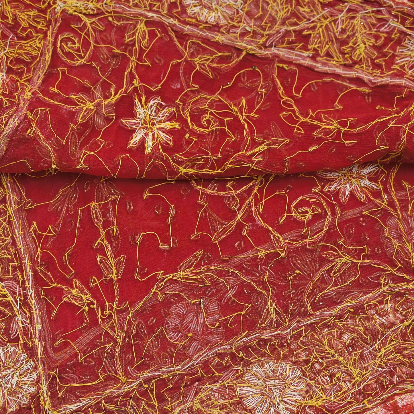 Indian Vintage Heavy Bridal Red Dupatta Pure Chiffon Silk Long Stole Hand Embroidered Scarf Zardozi/Dabka Zari Sequins Wedding Veil Hijab