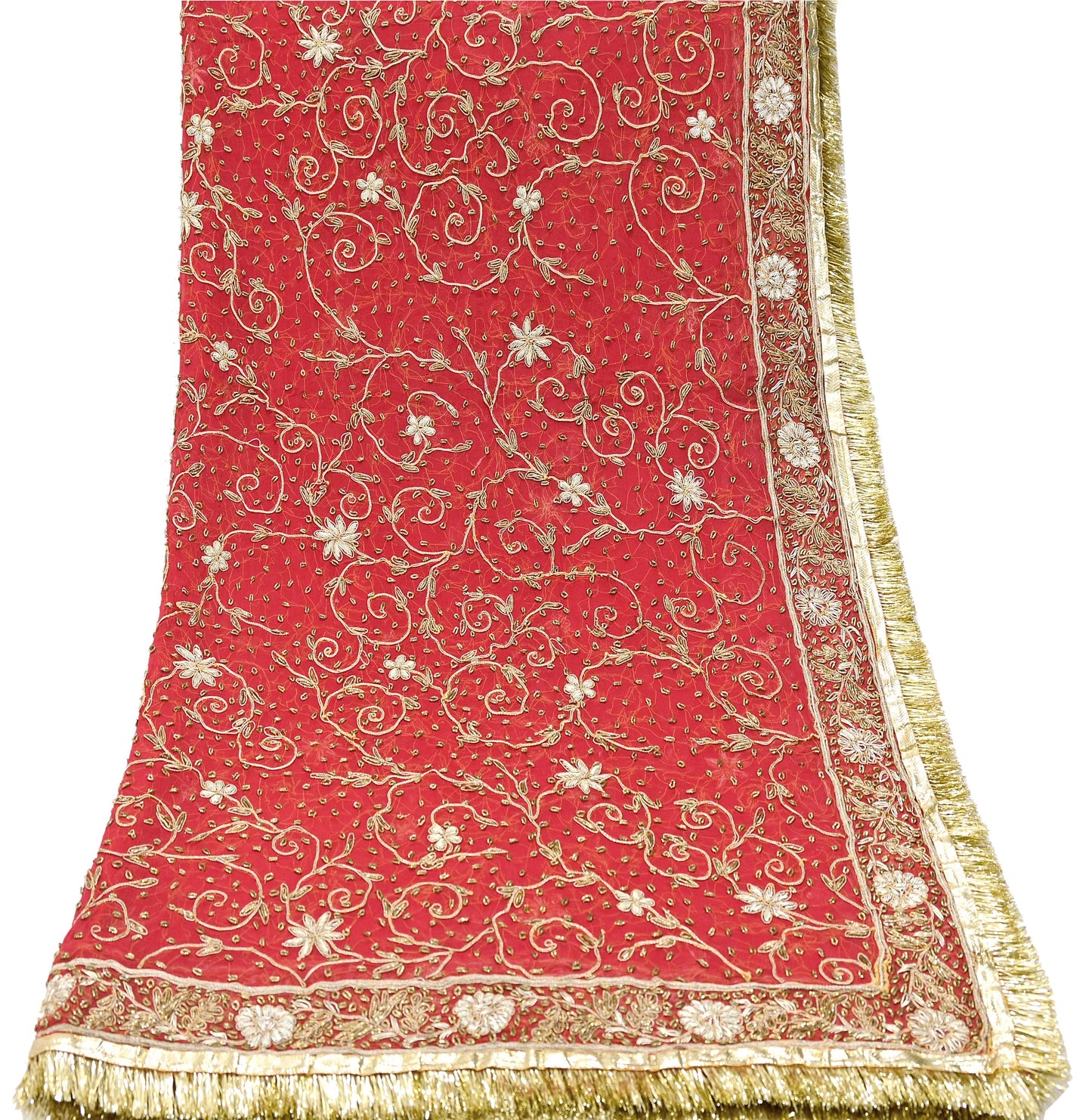 Indian Vintage Heavy Bridal Red Dupatta Pure Chiffon Silk Long Stole Hand Embroidered Scarf Zardozi/Dabka Zari Sequins Wedding Veil Hijab